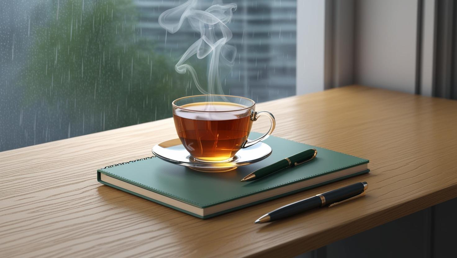 rainy cosy day at the office with a warm cup of tea on a light wood desk (2)