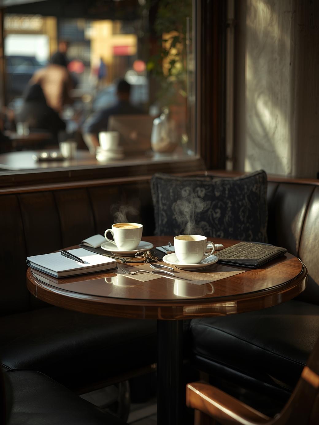 A seat at the table laid and waiting for someone to sit down. the table is set for a business meeting at a coffee shop. (2)