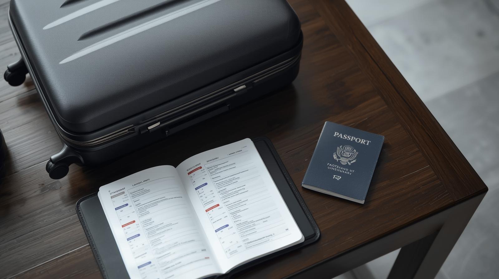 Closed black suitecase with itinerary and passport