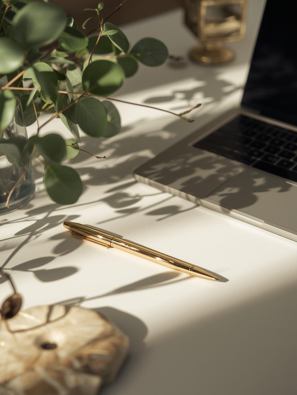 Desk set-up with golden pen and laptop