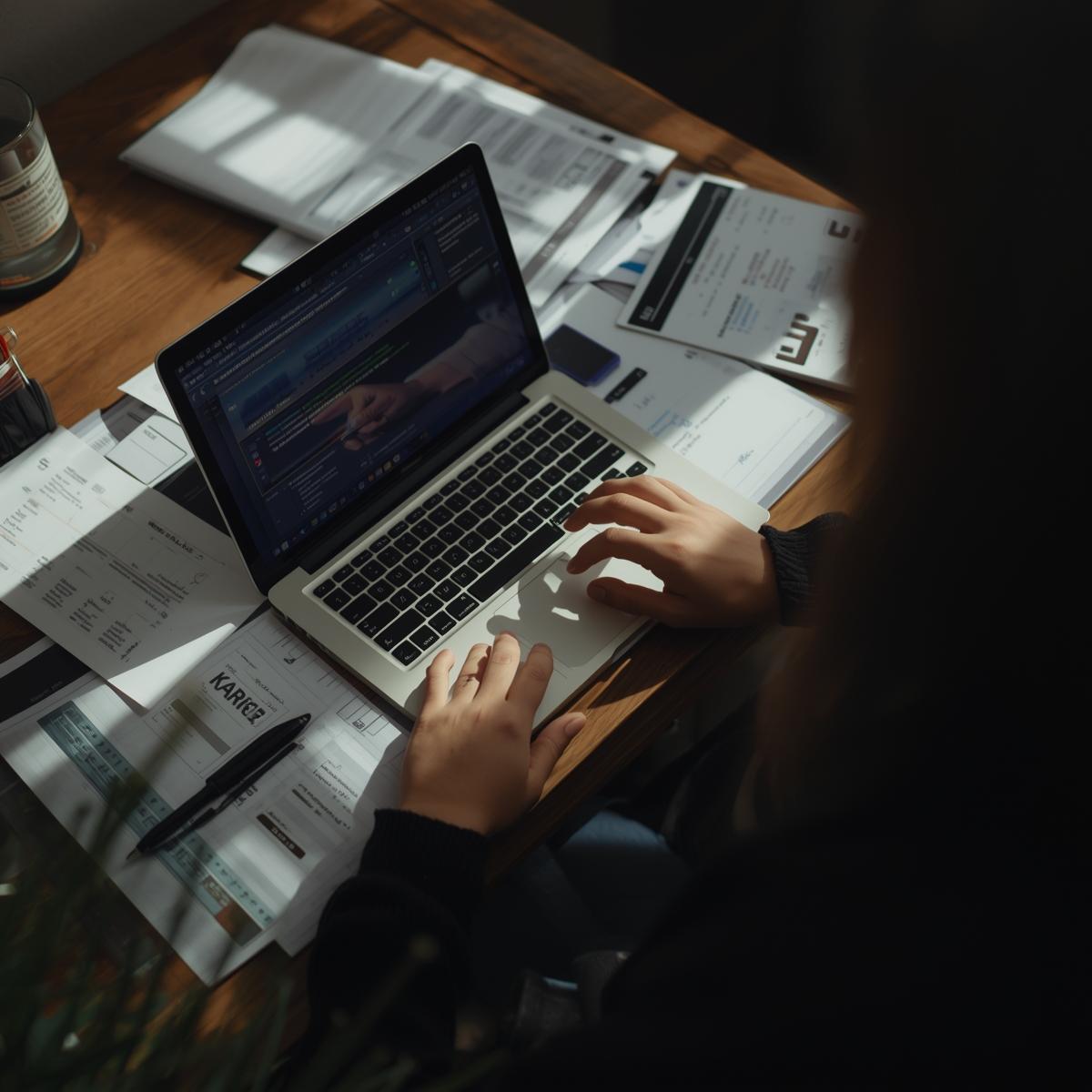 Reviewing files on laptop with reports _coffeeshop