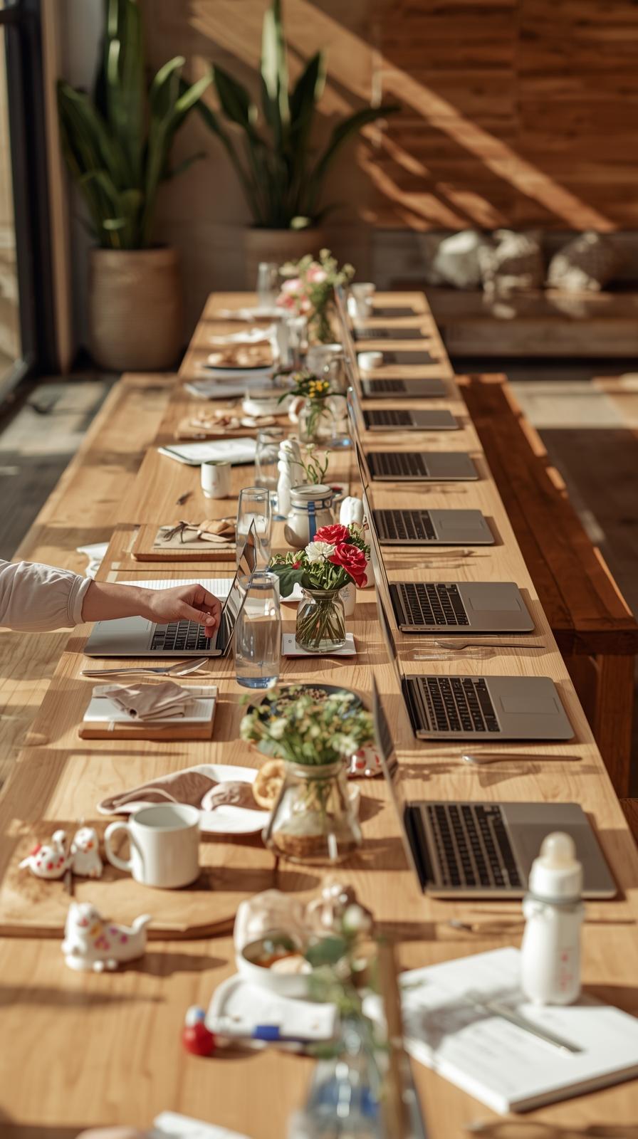 long meeting table with laptops