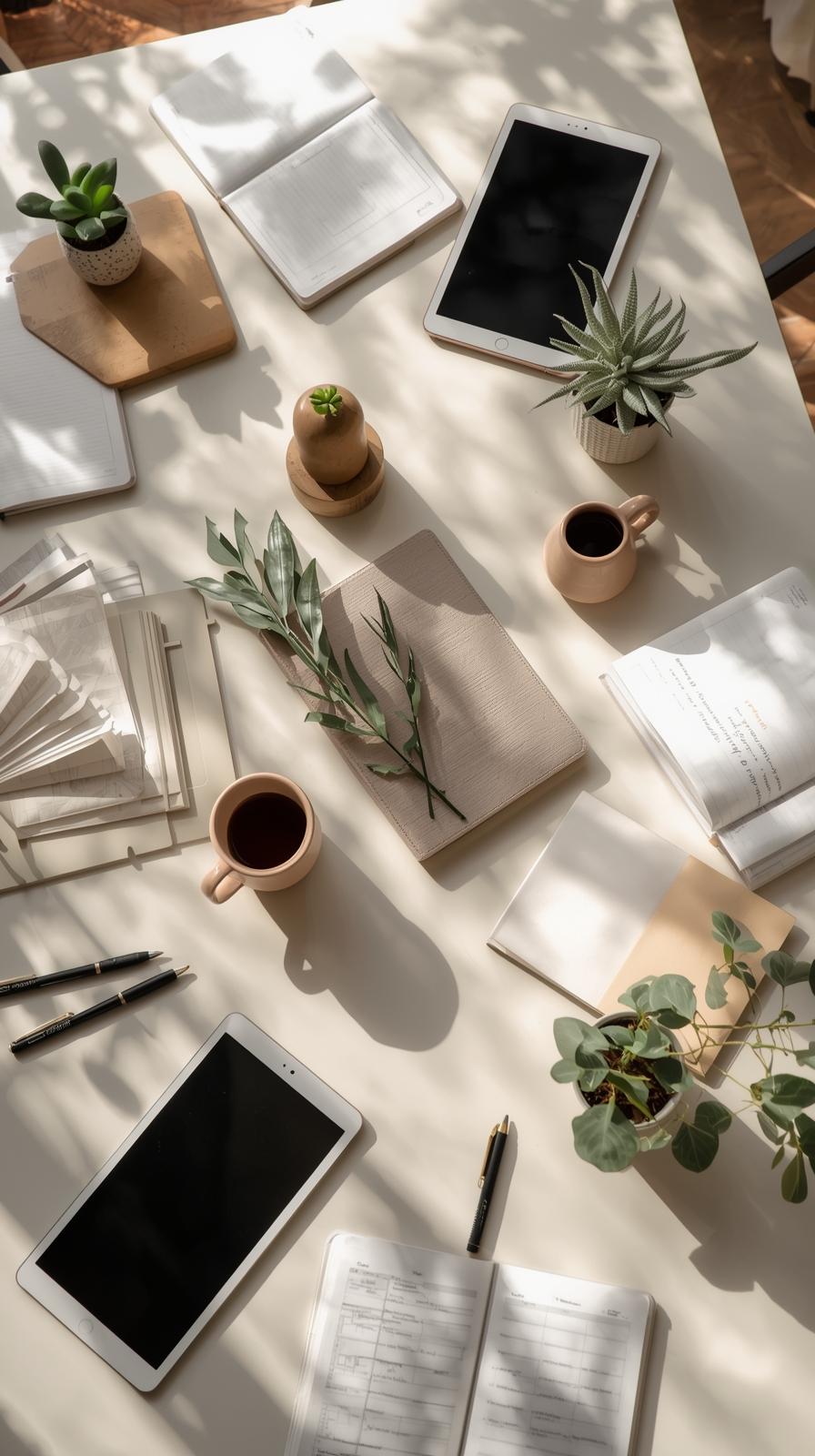 meeting table with laptops, books and coffee